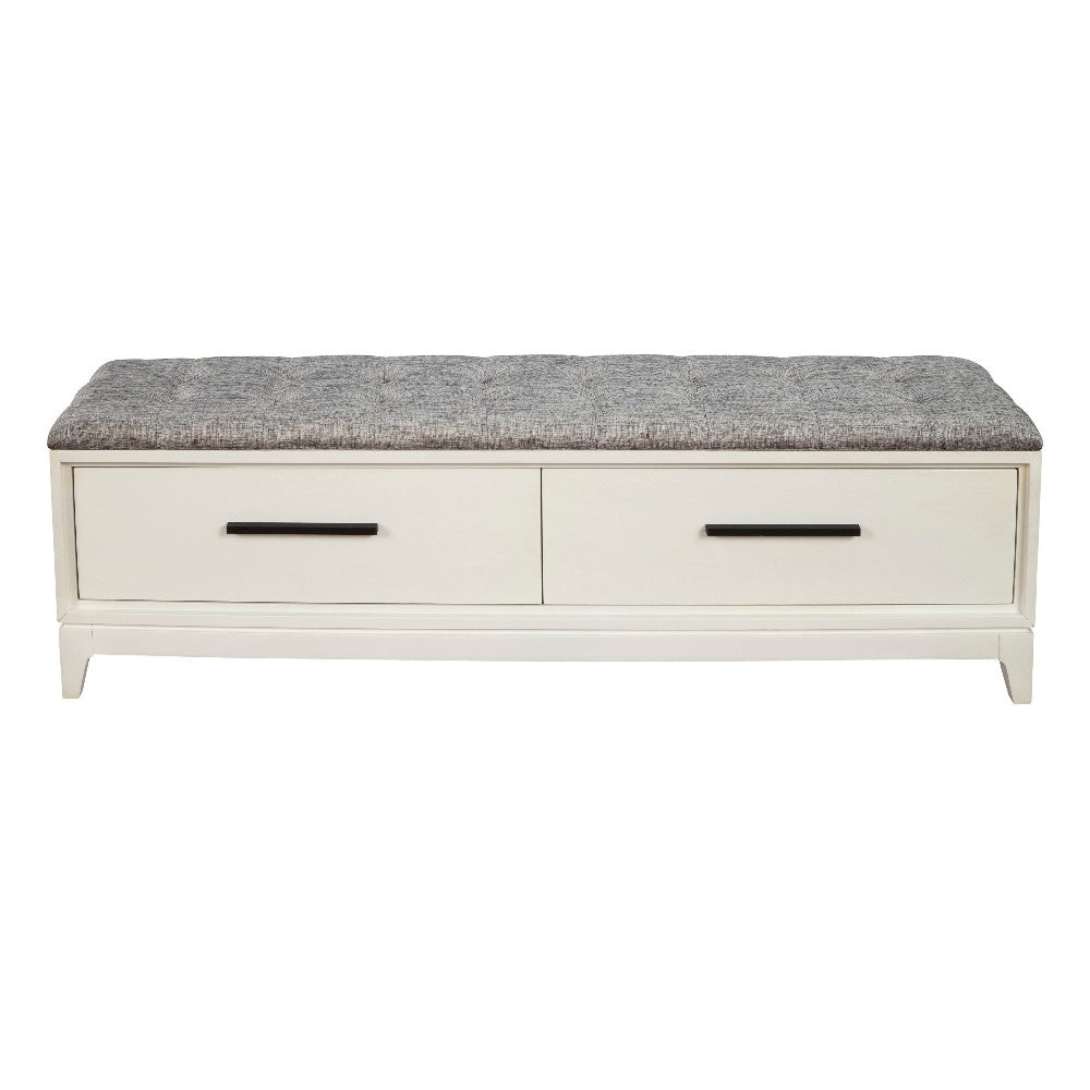 Benjara Bench with Fabric Padded Seat And 2 Drawers, Off White