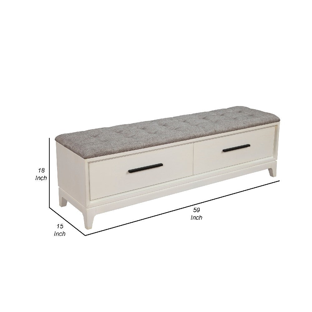 Benjara Bench with Fabric Padded Seat And 2 Drawers, Off White