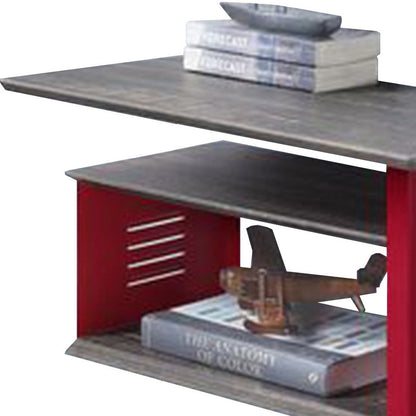 Benjara Accent Table with Metal Cargo Style And 3 Caster Wheels, Red