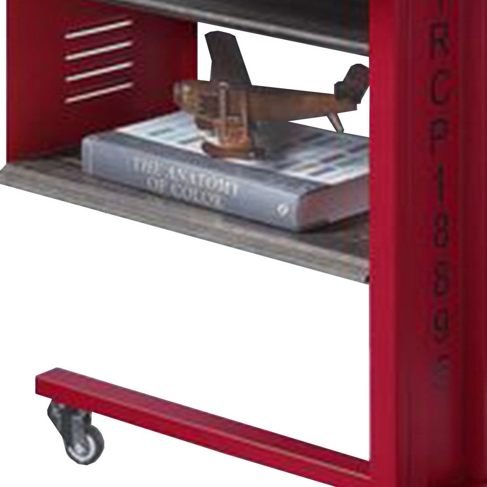 Benjara Accent Table with Metal Cargo Style And 3 Caster Wheels, Red