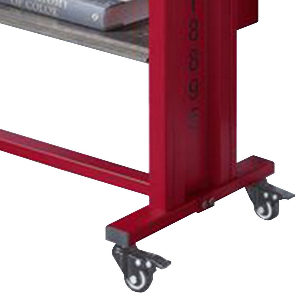 Benjara Accent Table with Metal Cargo Style And 3 Caster Wheels, Red