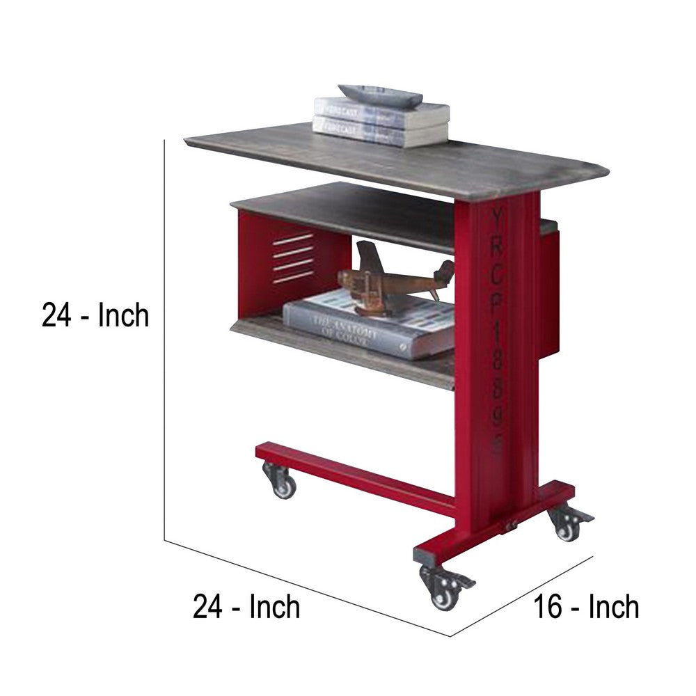 Benjara Accent Table with Metal Cargo Style And 3 Caster Wheels, Red