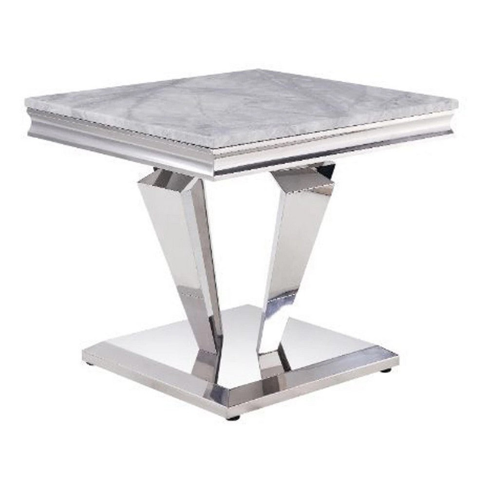 Benjara End Table with Faux Marble Top And Metal Base, White And Silver