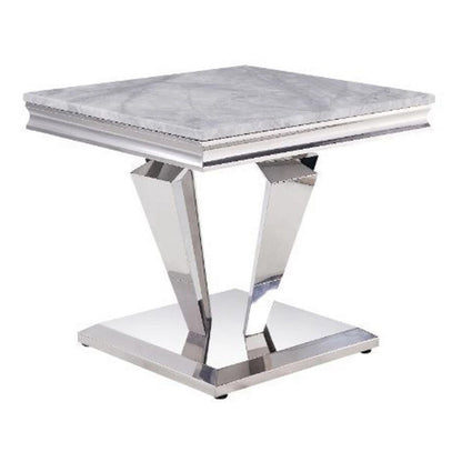 Benjara End Table with Faux Marble Top And Metal Base, White And Silver