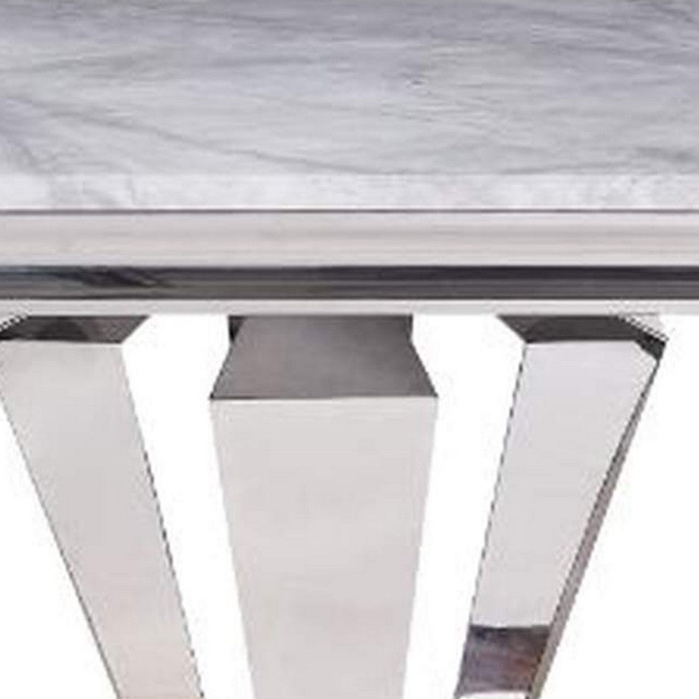 Benjara End Table with Faux Marble Top And Metal Base, White And Silver