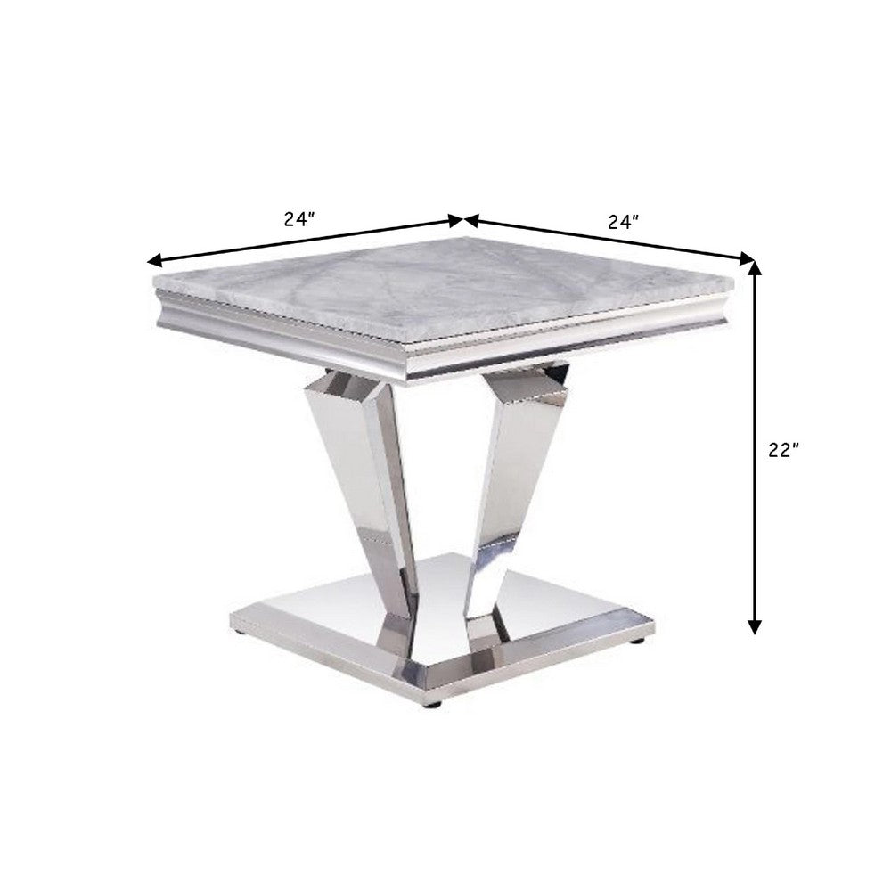 Benjara End Table with Faux Marble Top And Metal Base, White And Silver