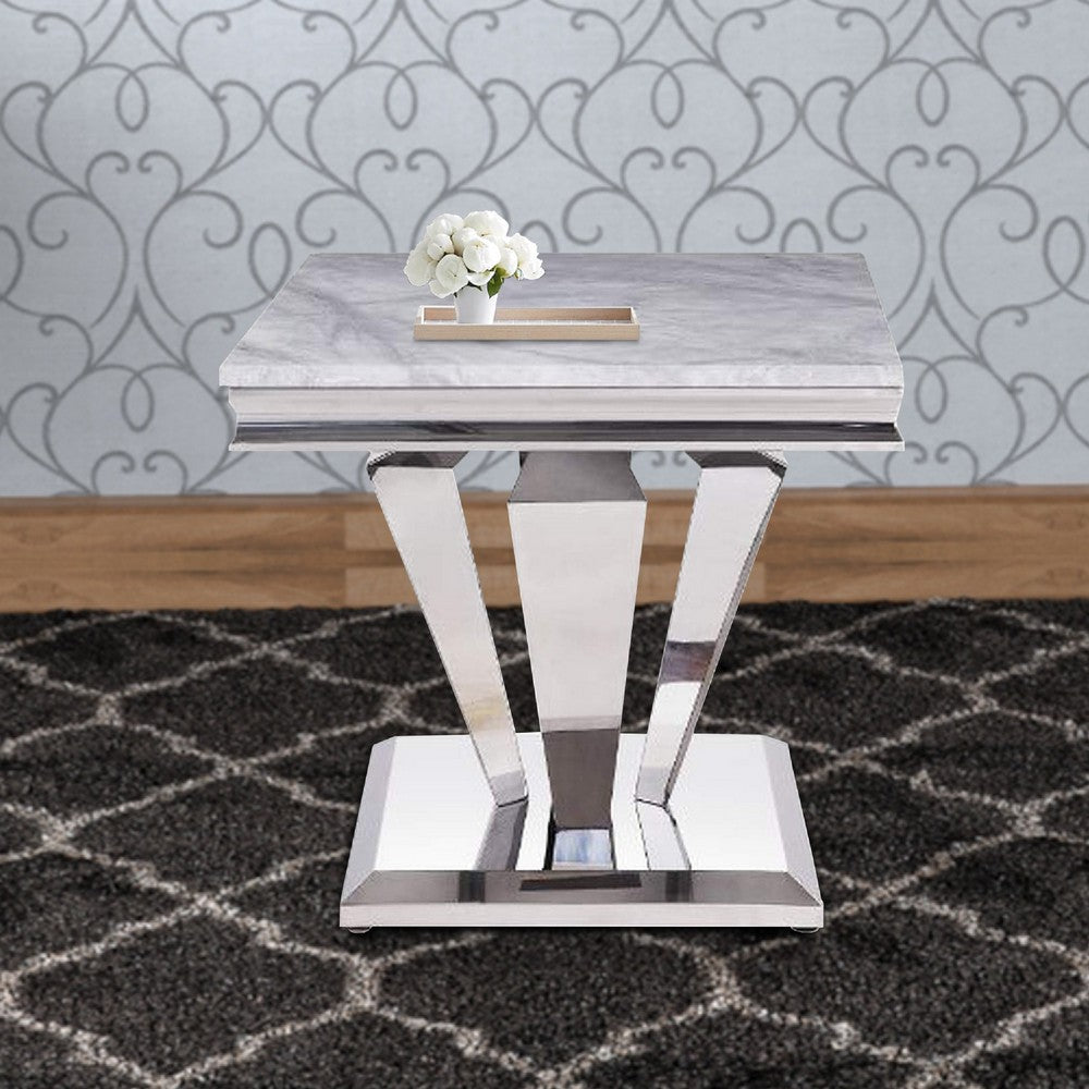 Benjara End Table with Faux Marble Top And Metal Base, White And Silver