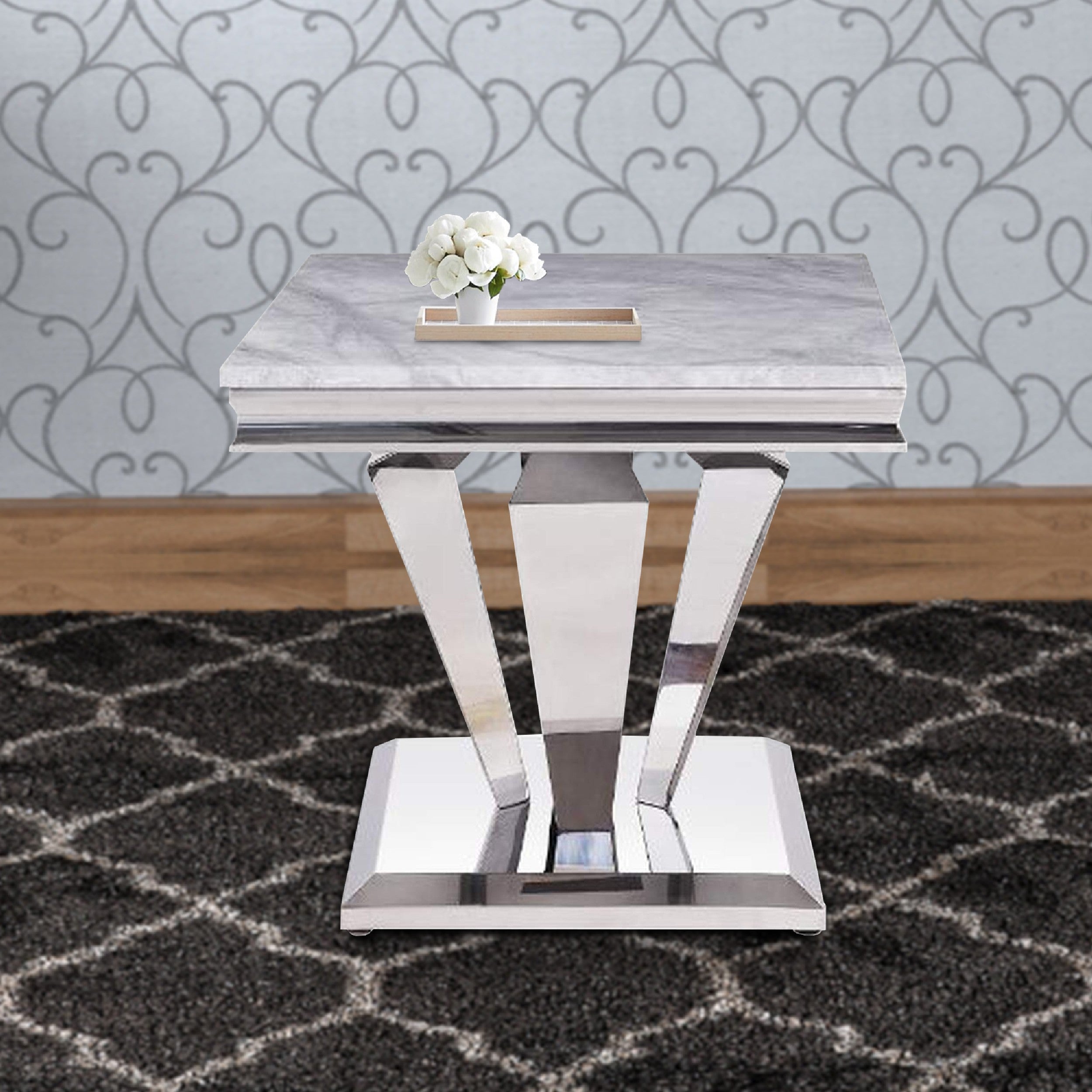 Benjara End Table with Faux Marble Top And Metal Base, White And Silver