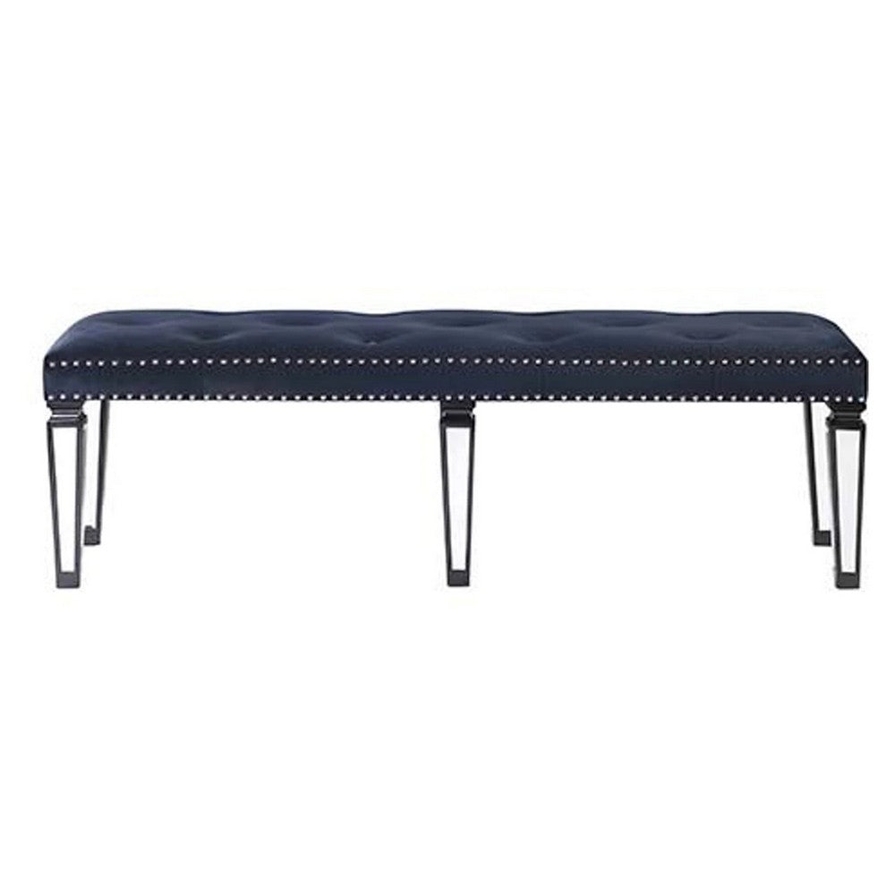 Benjara Bench with Button Tufting And Mirror Tapered Legs, Blue