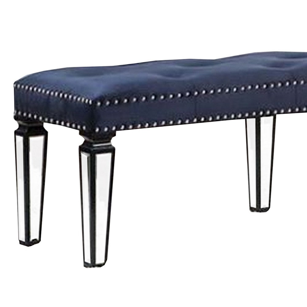 Benjara Bench with Button Tufting And Mirror Tapered Legs, Blue