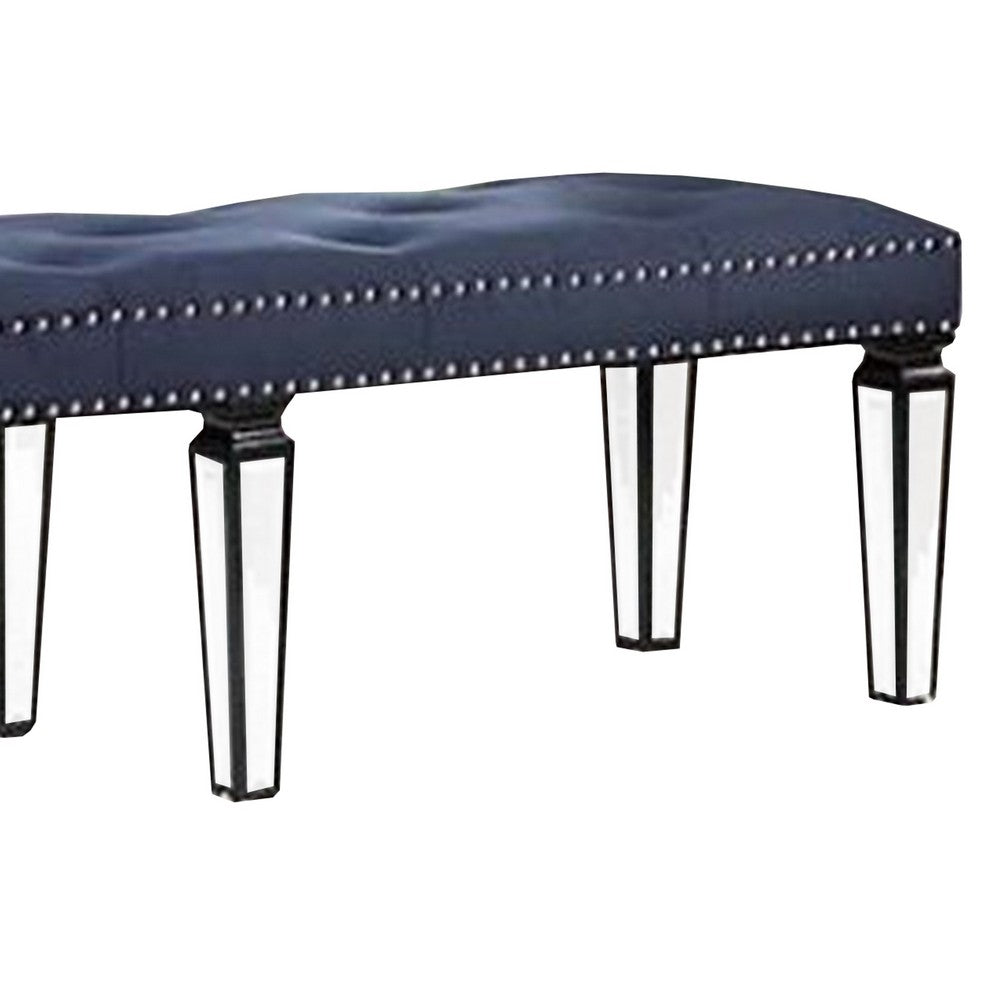 Benjara Bench with Button Tufting And Mirror Tapered Legs, Blue