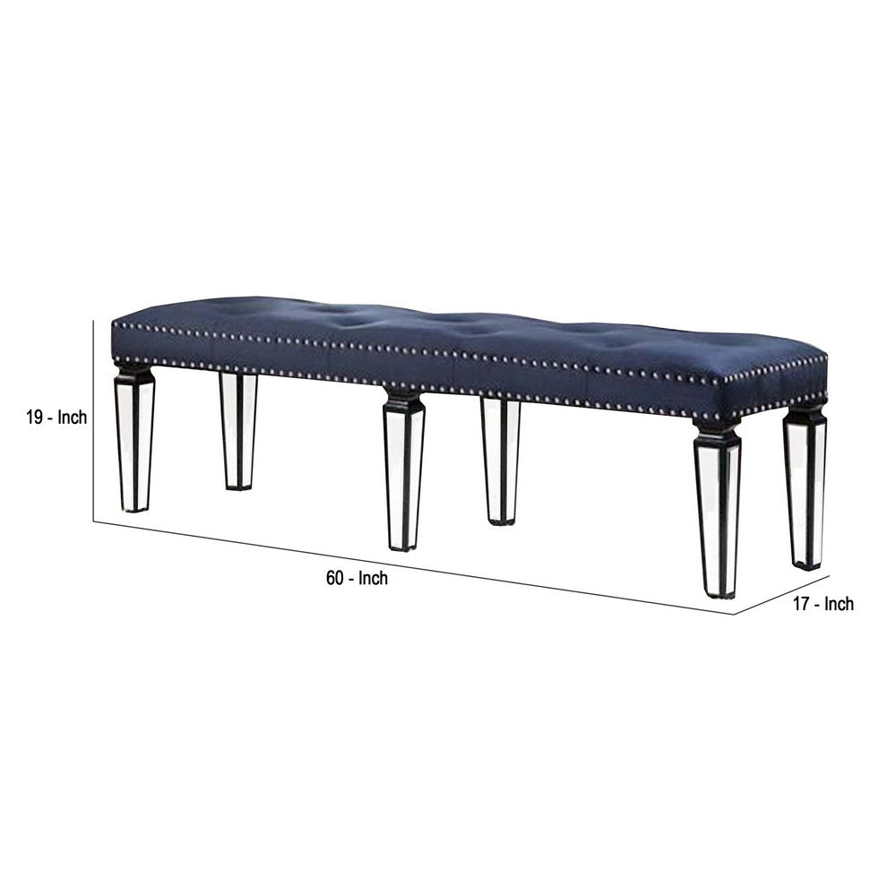 Benjara Bench with Button Tufting And Mirror Tapered Legs, Blue
