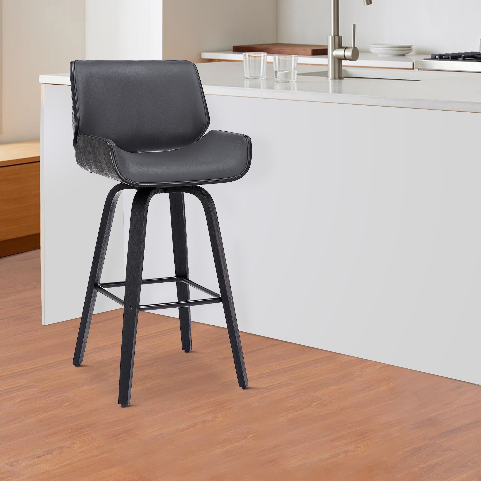 Benjara 30 Inch Bar Stool with Curved Padded Back And Seat, Gray