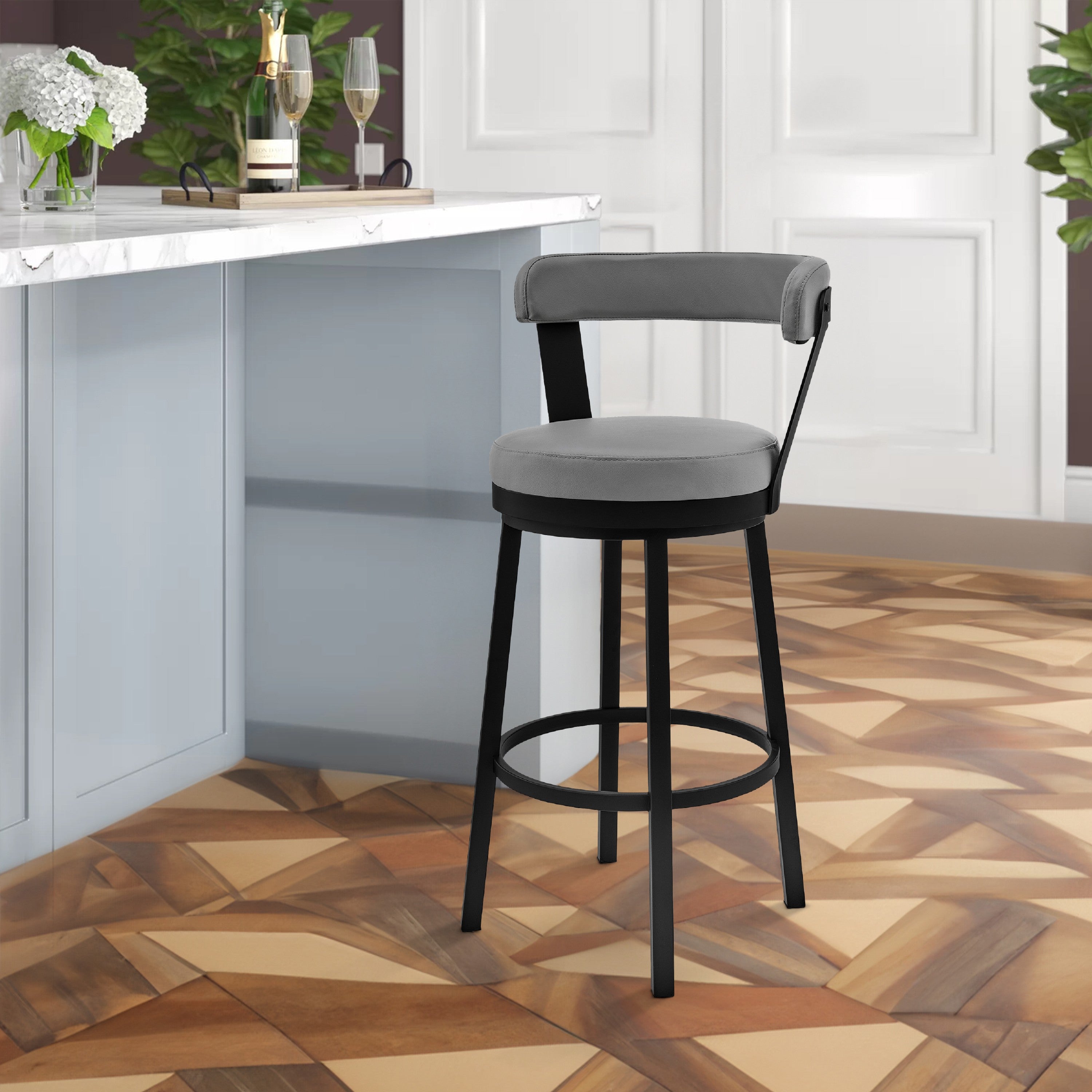 Benjara Swivel Counter Barstool with Curved Open Back And Metal Legs, Light Gray