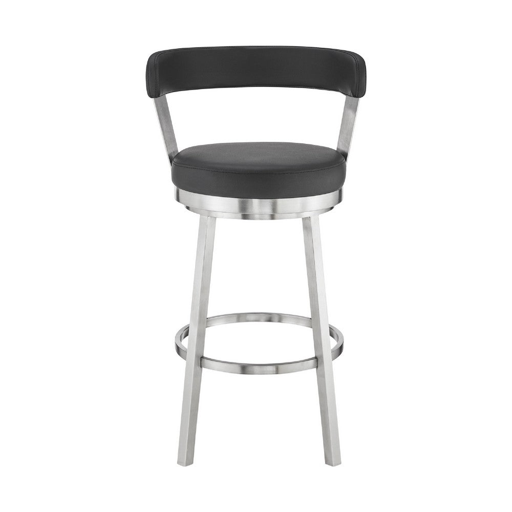 Benjara Swivel Counter Barstool with Curved Open Back And Metal Legs, Black And Silver