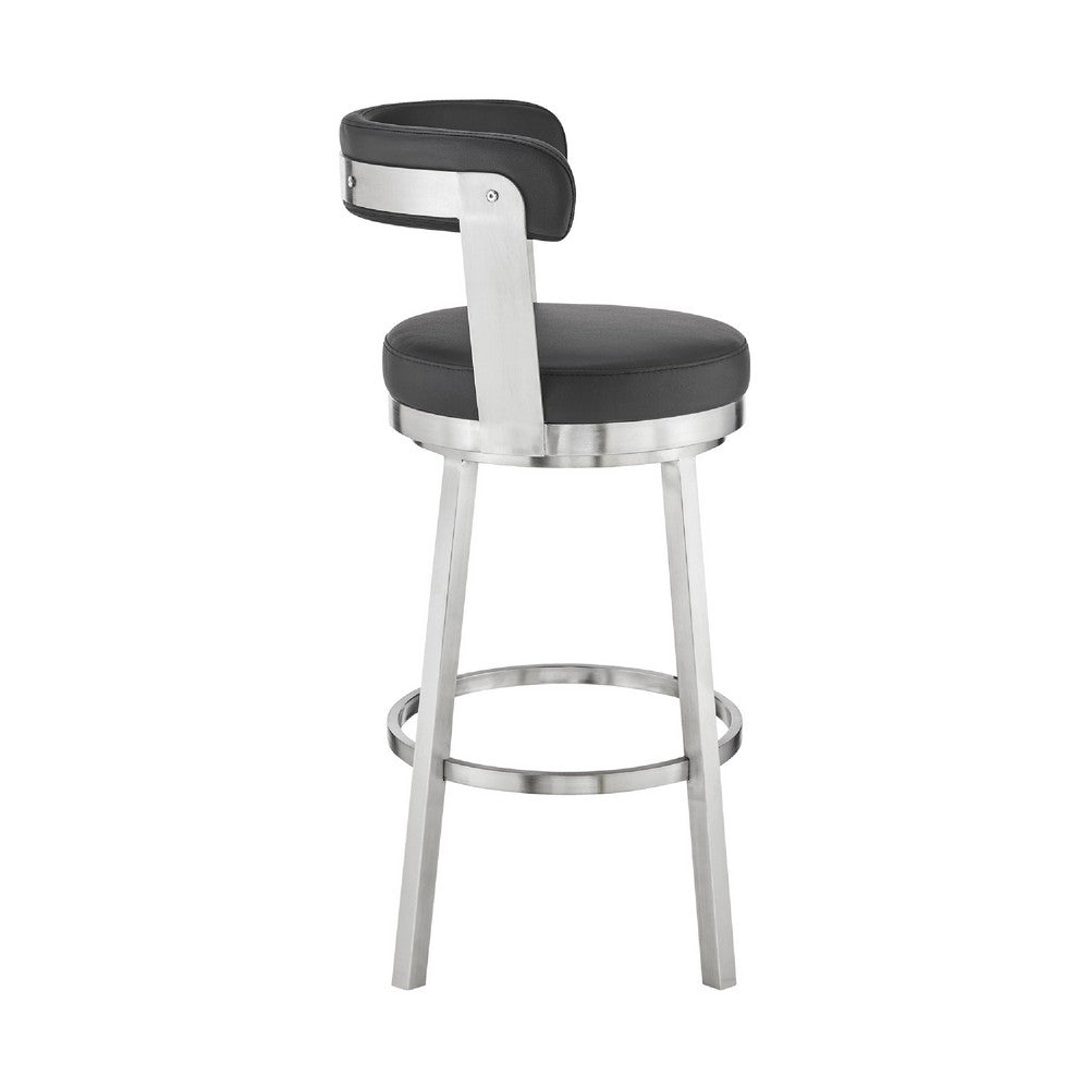 Benjara Swivel Counter Barstool with Curved Open Back And Metal Legs, Black And Silver