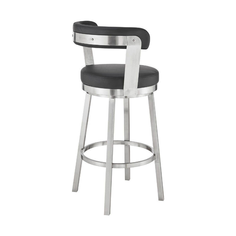 Benjara Swivel Counter Barstool with Curved Open Back And Metal Legs, Black And Silver