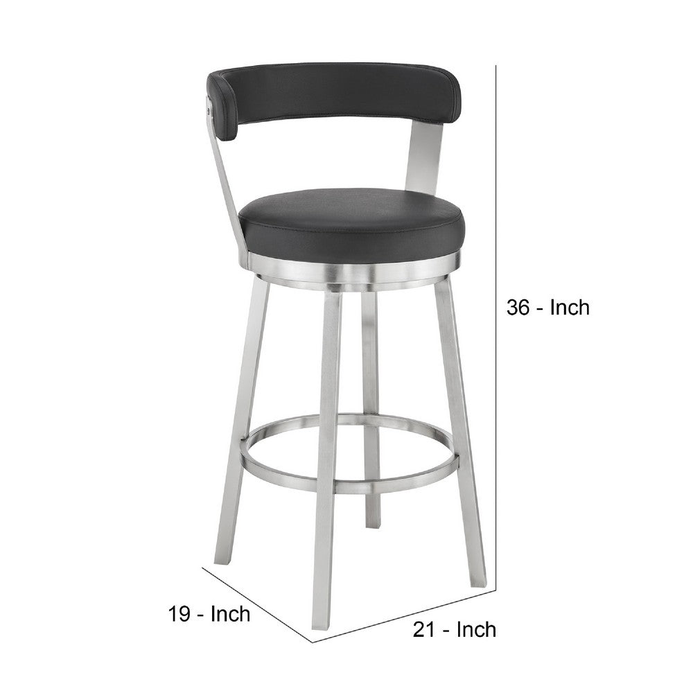 Benjara Swivel Counter Barstool with Curved Open Back And Metal Legs, Black And Silver