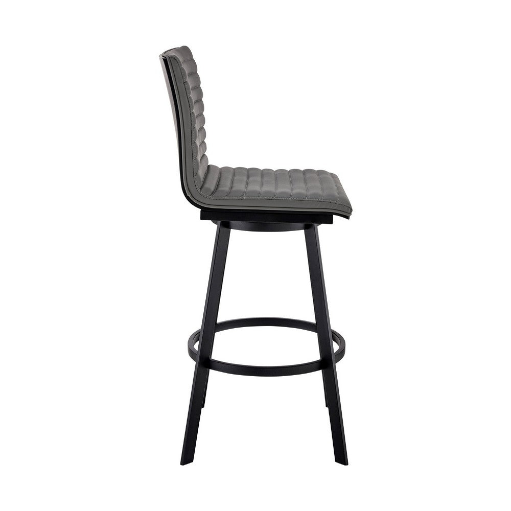 Benjara Swivel Barstool with Horizontal Channel Stitching, Black And Gray
