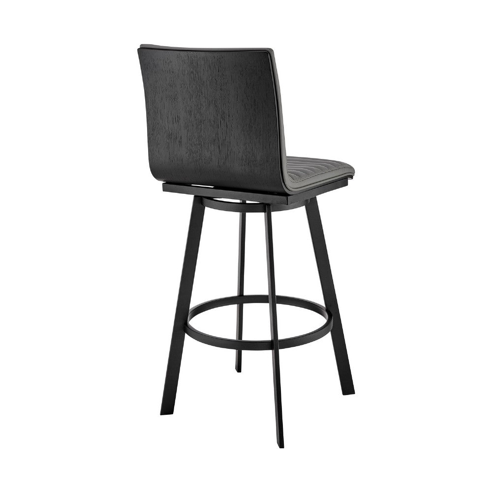 Benjara Swivel Barstool with Horizontal Channel Stitching, Black And Gray