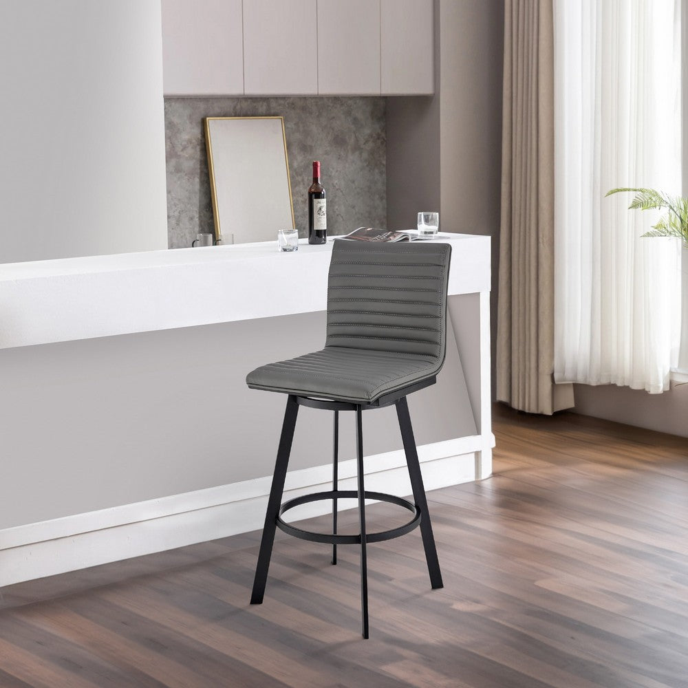Benjara Swivel Barstool with Horizontal Channel Stitching, Black And Gray