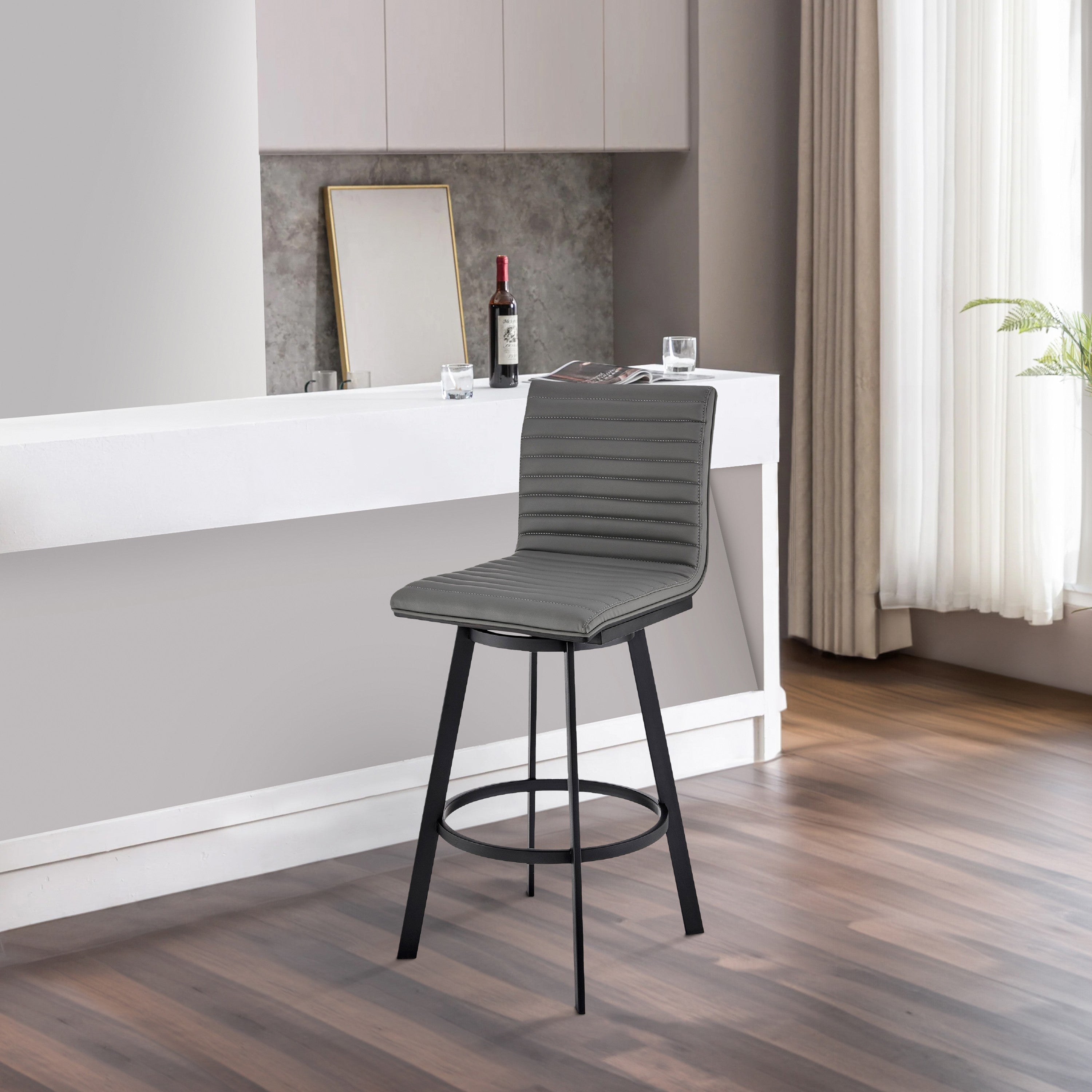 Benjara Swivel Barstool with Horizontal Channel Stitching, Black And Gray