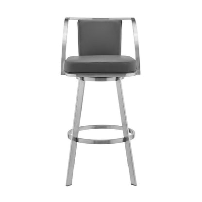 Benjara Swivel Barstool with Open Curved Metal Frame Arms, Gray And Silver