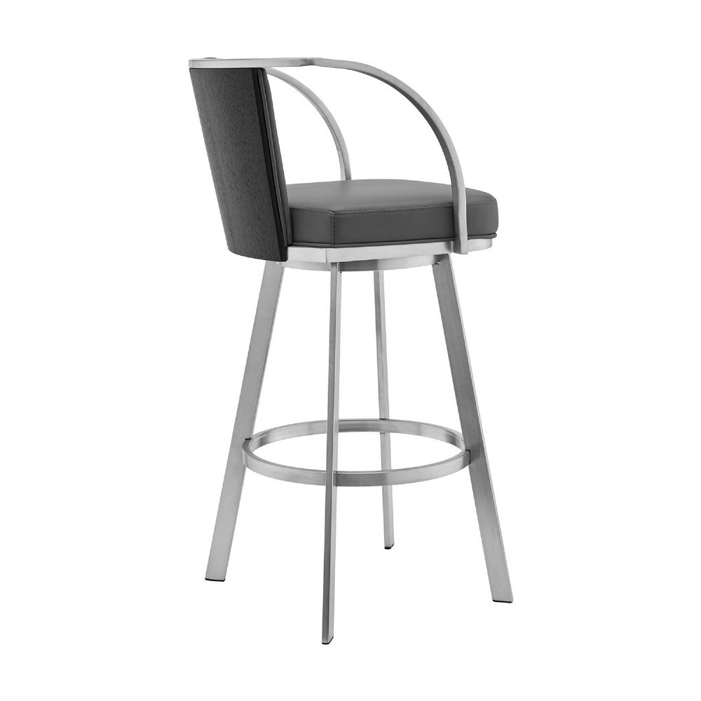 Benjara Swivel Barstool with Open Curved Metal Frame Arms, Gray And Silver