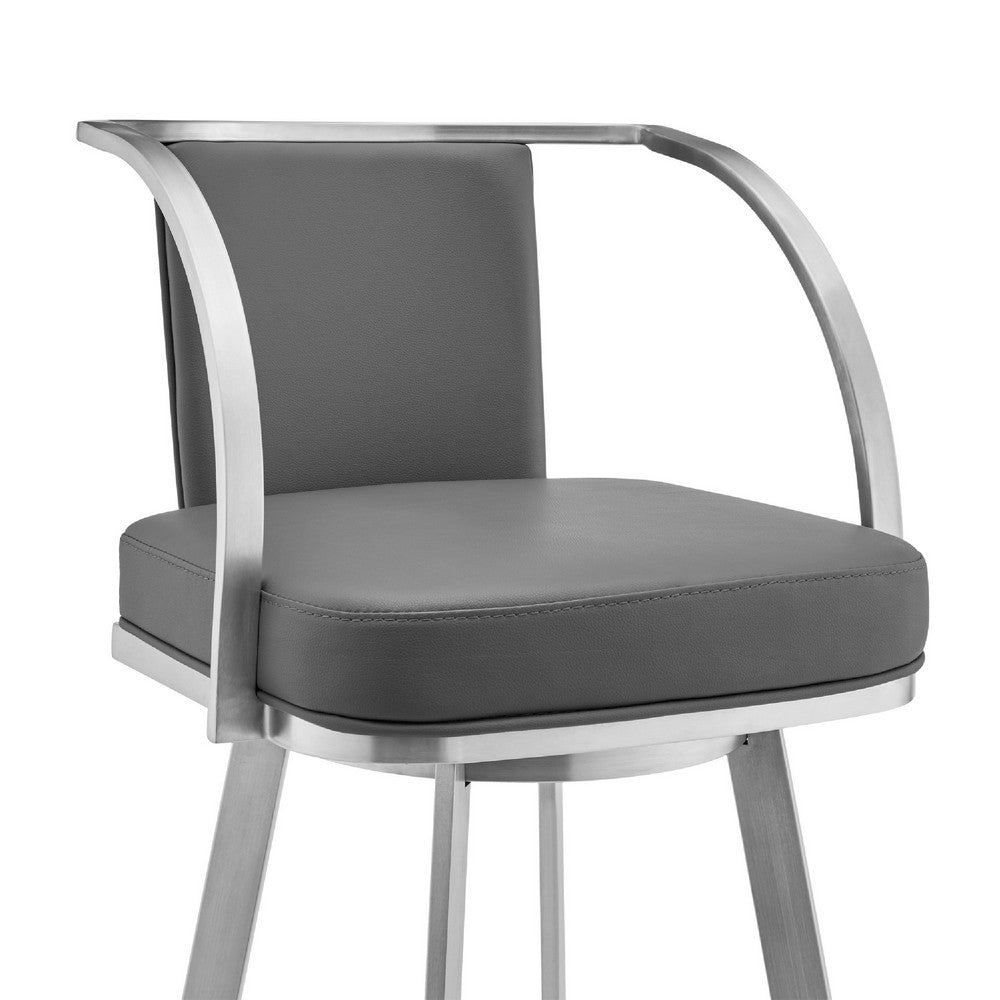 Benjara Swivel Barstool with Open Curved Metal Frame Arms, Gray And Silver