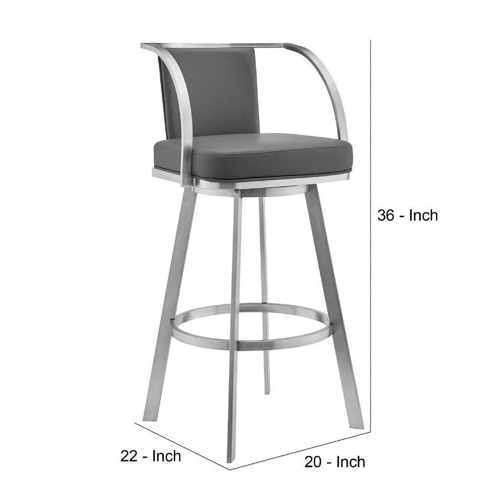 Benjara Swivel Barstool with Open Curved Metal Frame Arms, Gray And Silver