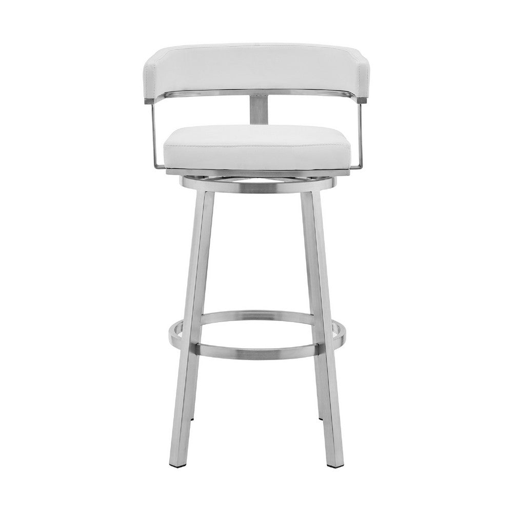 Benjara Swivel Barstool with Curved Open Back And Metal Legs, White And Silver