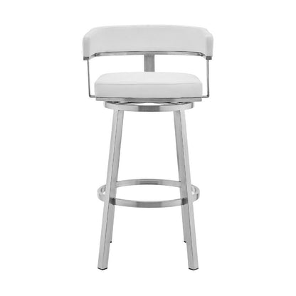 Benjara Swivel Barstool with Curved Open Back And Metal Legs, White And Silver
