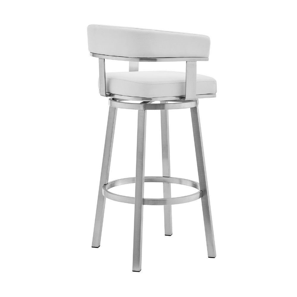 Benjara Swivel Barstool with Curved Open Back And Metal Legs, White And Silver
