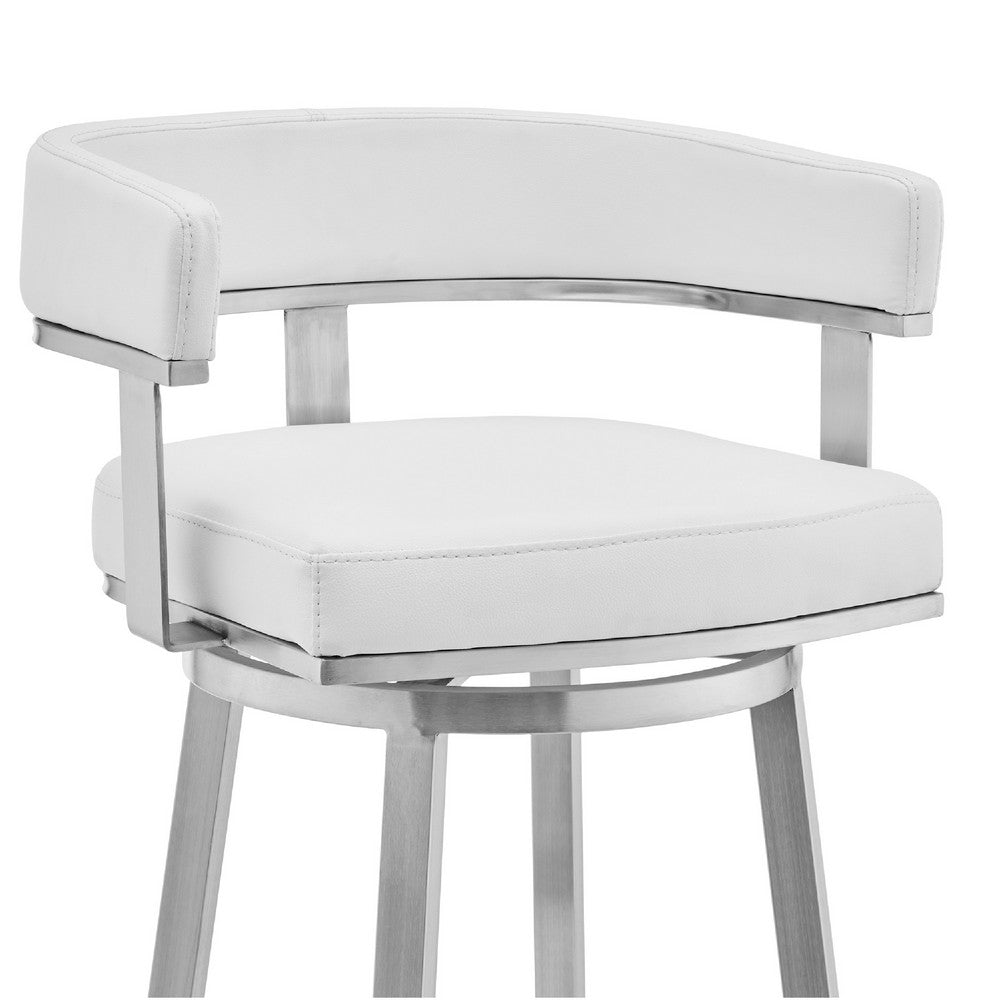 Benjara Swivel Barstool with Curved Open Back And Metal Legs, White And Silver