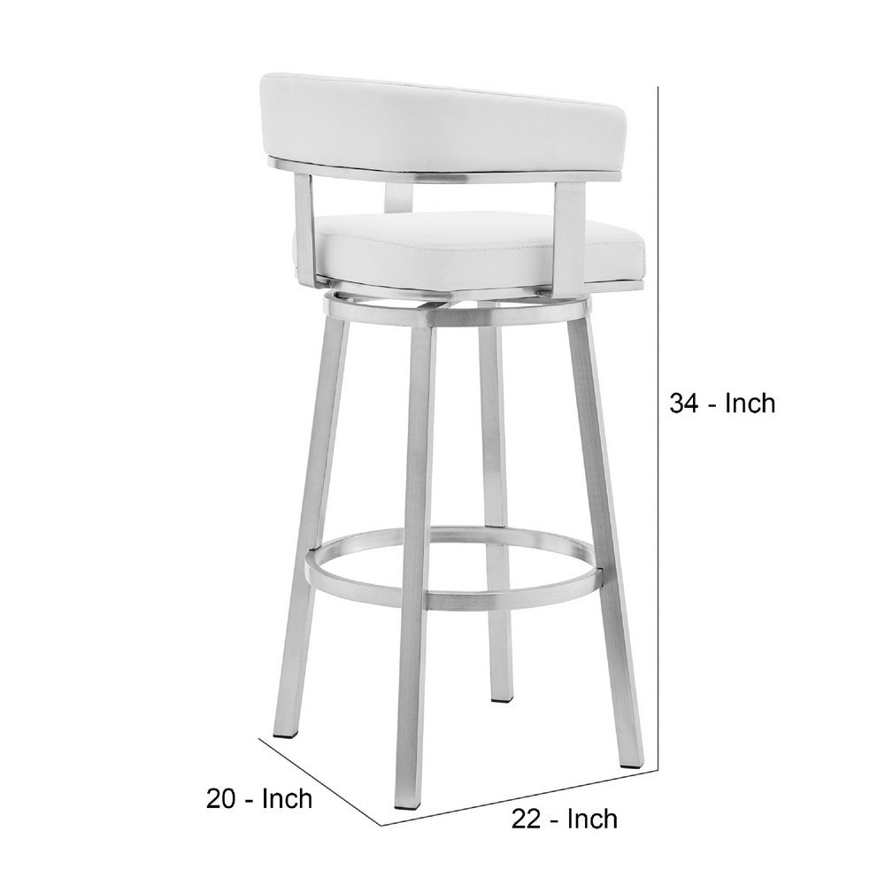 Benjara Swivel Barstool with Curved Open Back And Metal Legs, White And Silver