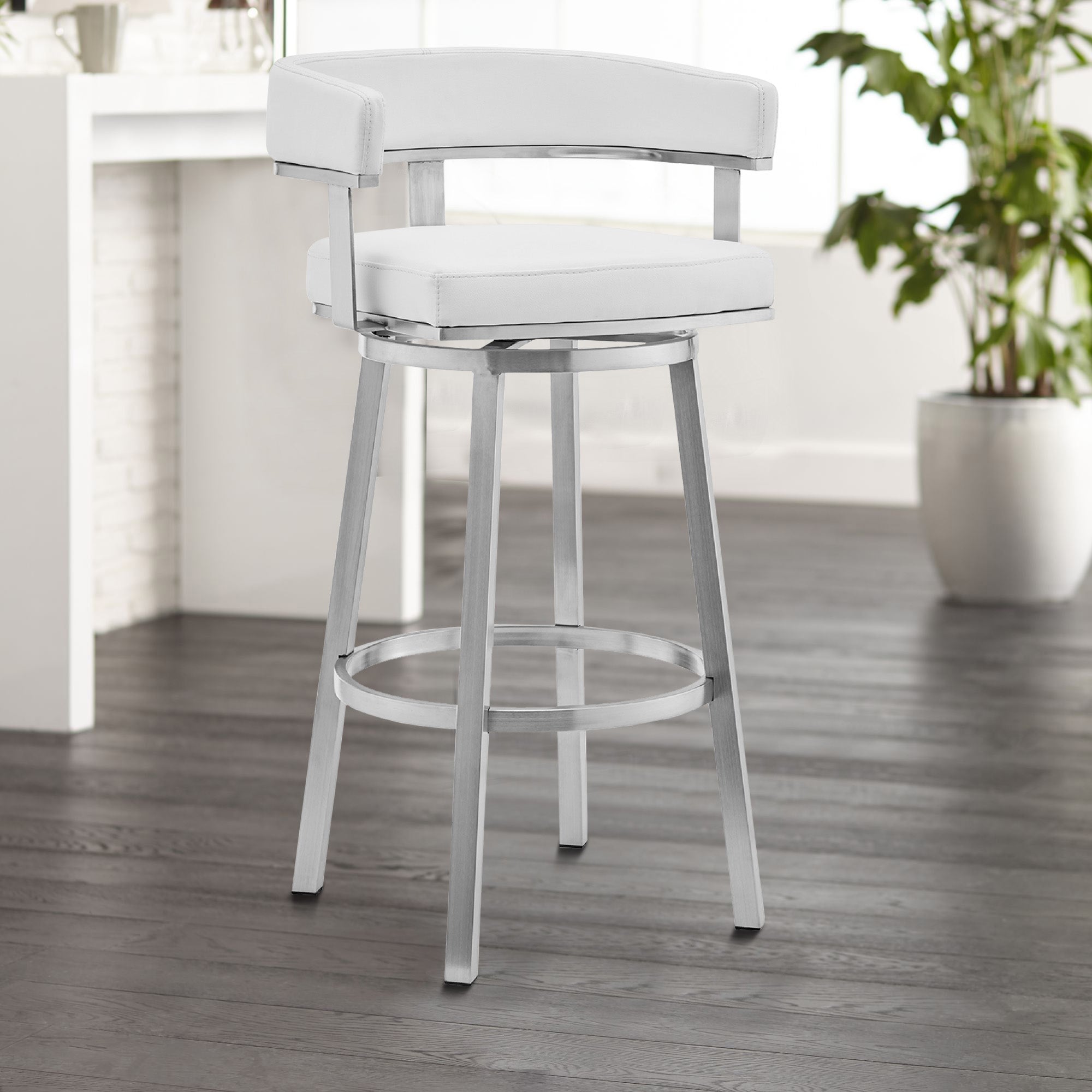 Benjara Swivel Barstool with Curved Open Back And Metal Legs, White And Silver