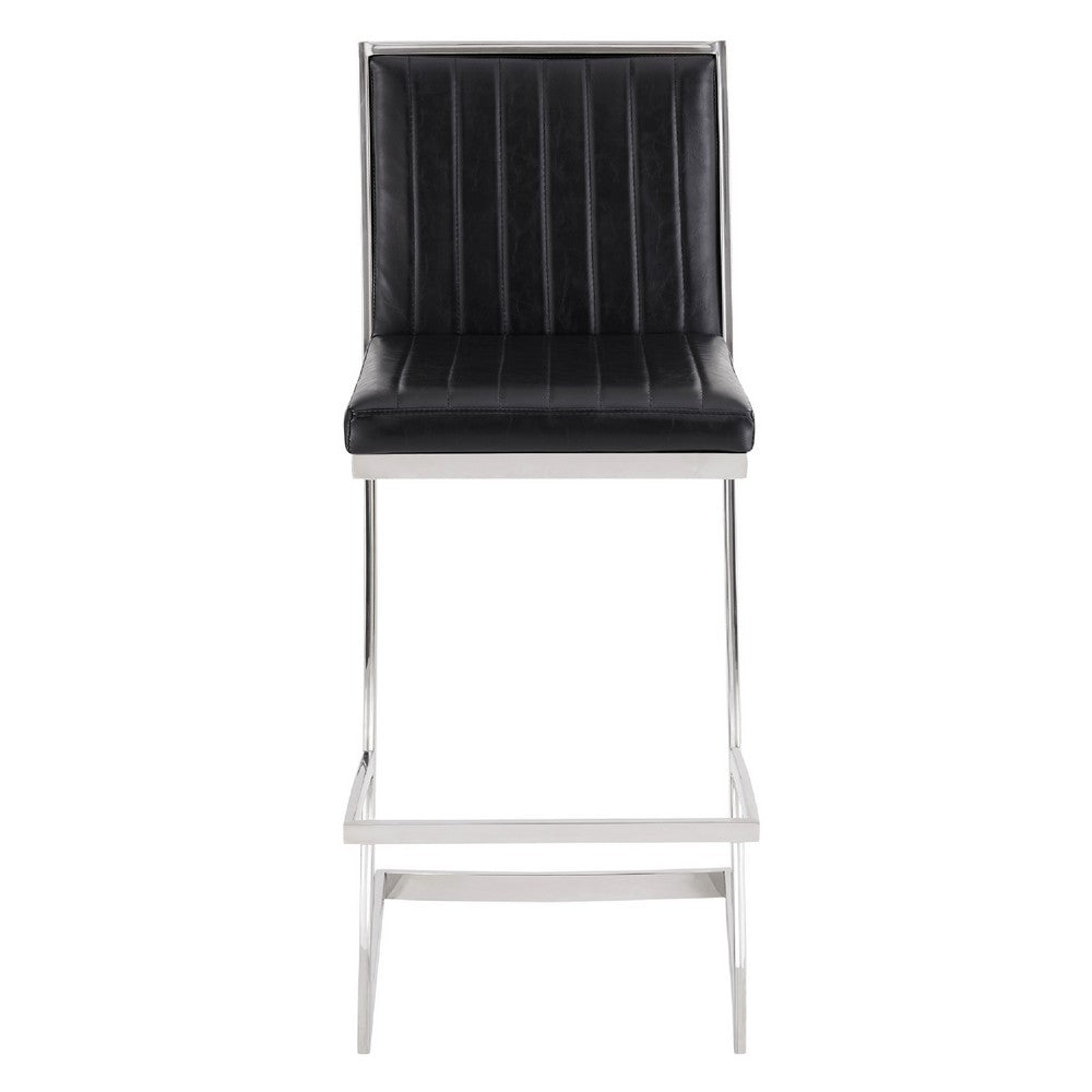Benjara Barstool with Channel Stitching And Angled Cantilever Base, Black And Silver