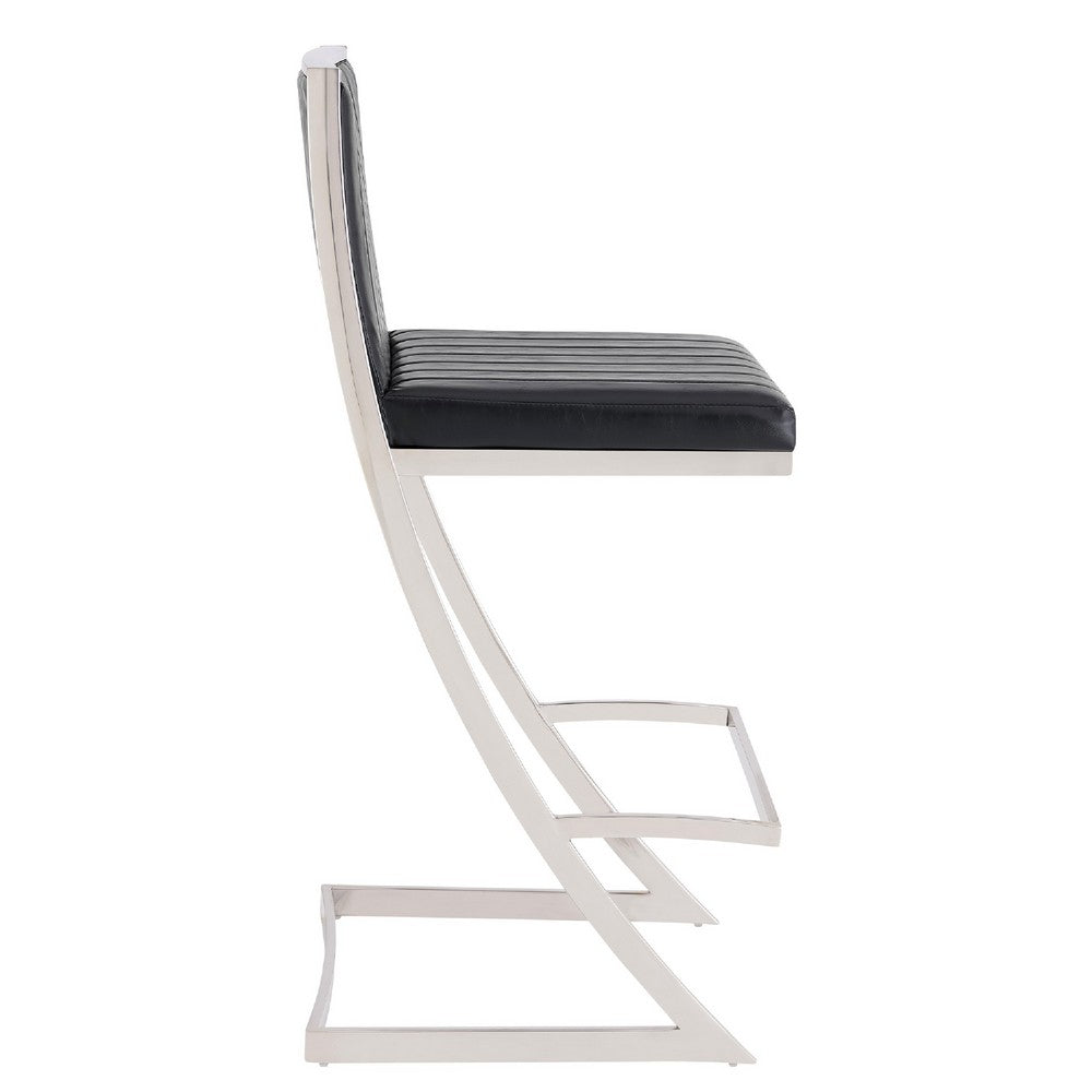 Benjara Barstool with Channel Stitching And Angled Cantilever Base, Black And Silver