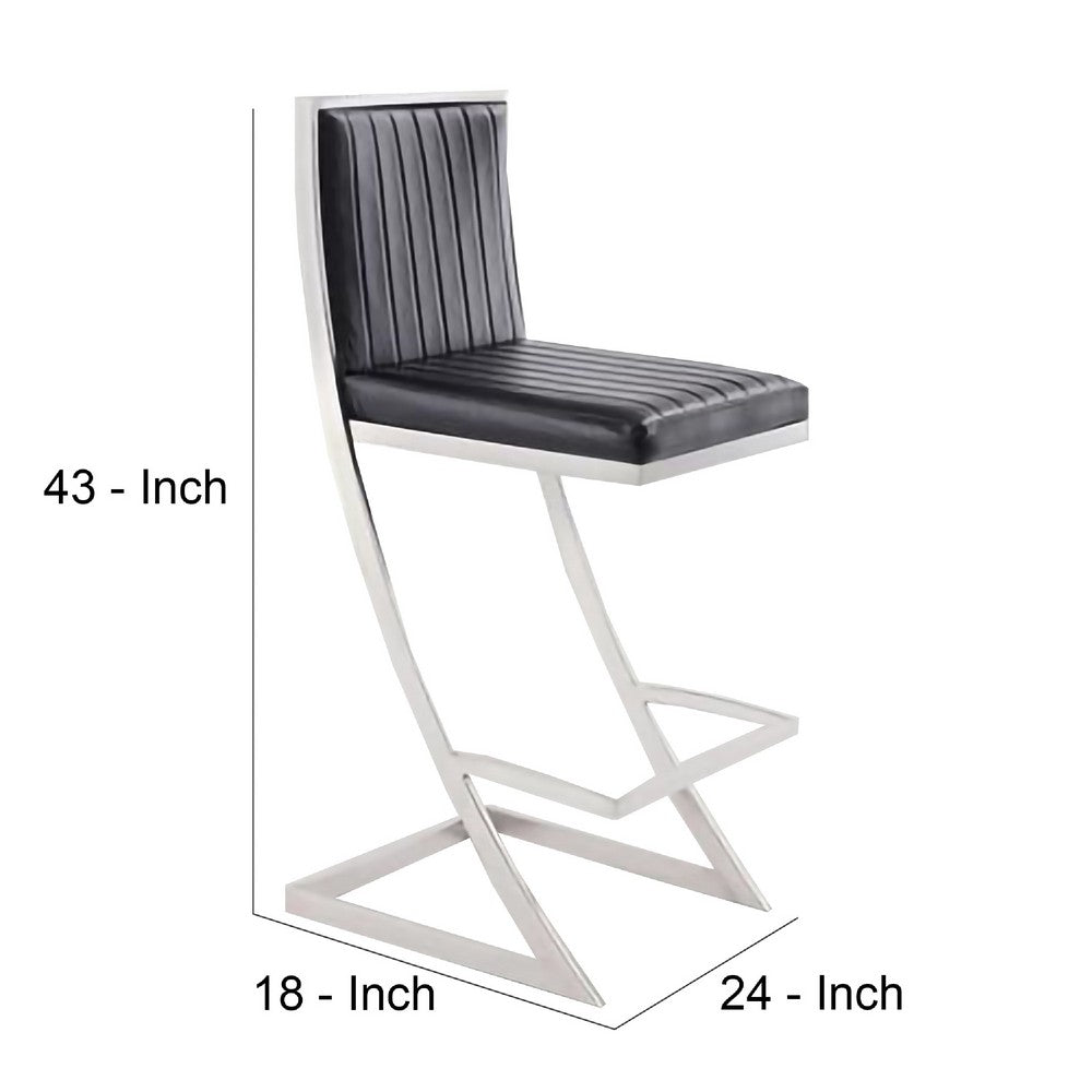 Benjara Barstool with Channel Stitching And Angled Cantilever Base, Black And Silver