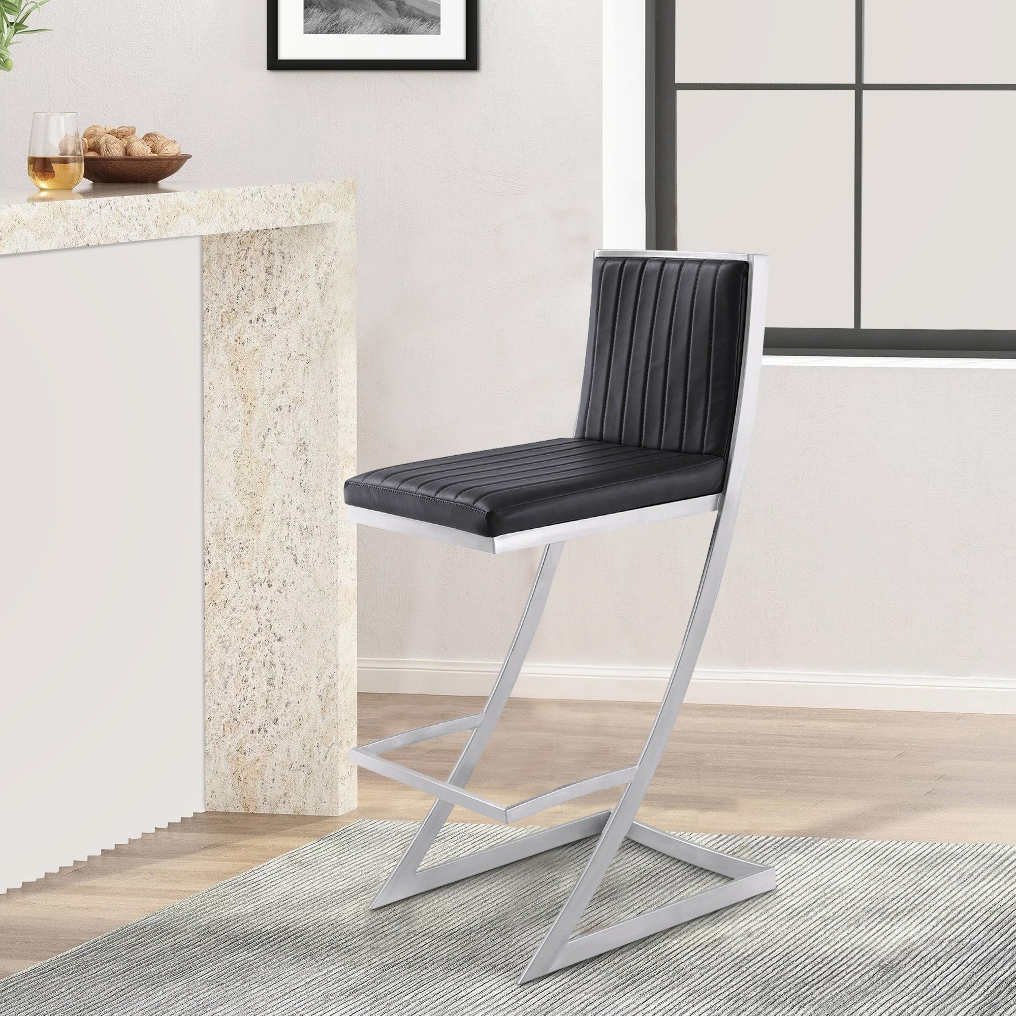 Benjara Barstool with Channel Stitching And Angled Cantilever Base, Black And Silver