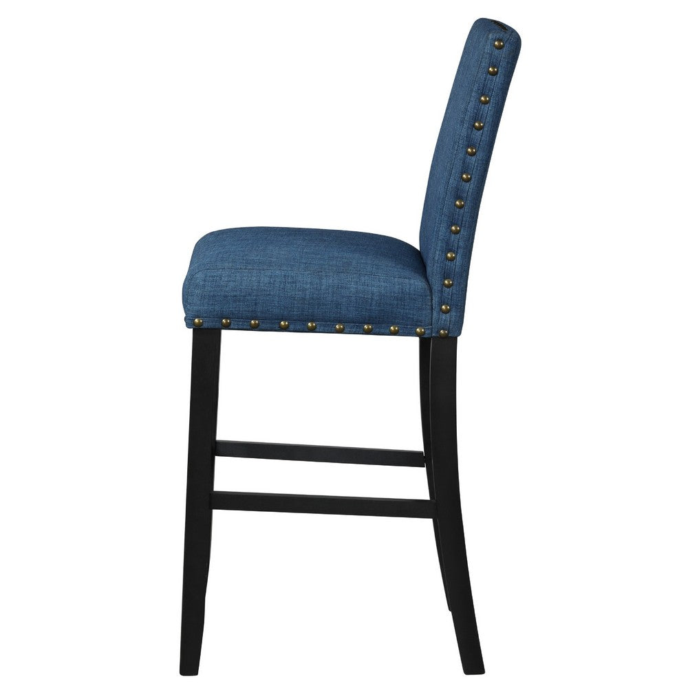 Benjara Bar Chair with Fabric Seat And Nailhead Trim, Set of 2, Blue