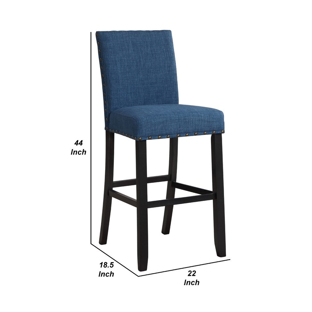 Benjara Bar Chair with Fabric Seat And Nailhead Trim, Set of 2, Blue