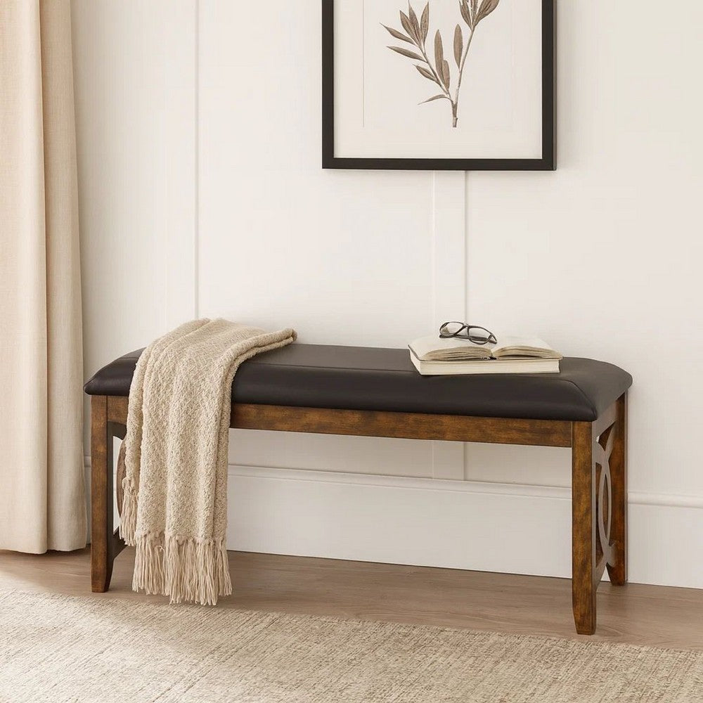 Benjara Gary 46 Inch Wood Bench with Leatherette Seat, Brown