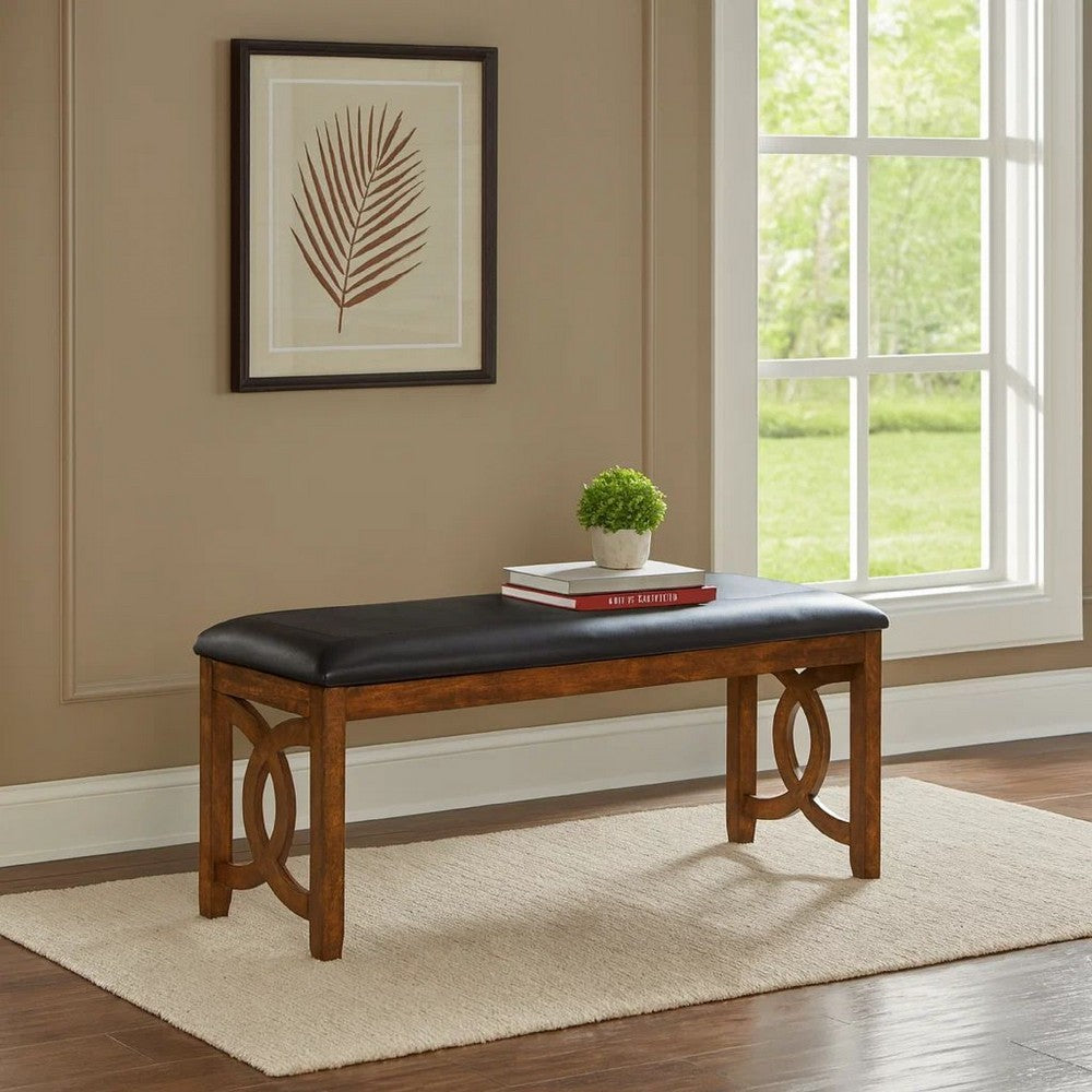 Benjara Gary 46 Inch Wood Bench with Leatherette Seat, Brown