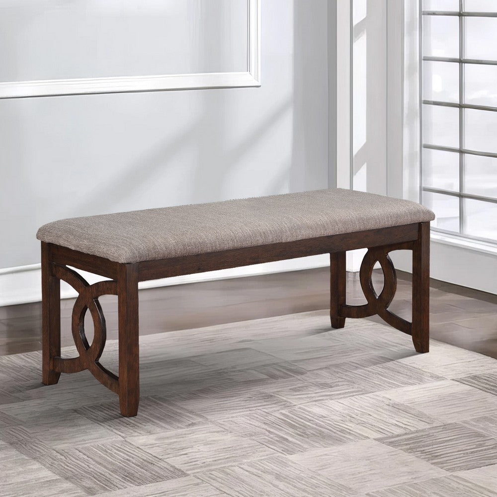 Benjara Gary 46 Inch Wood Bench with Fabric Seat, Cherry Brown