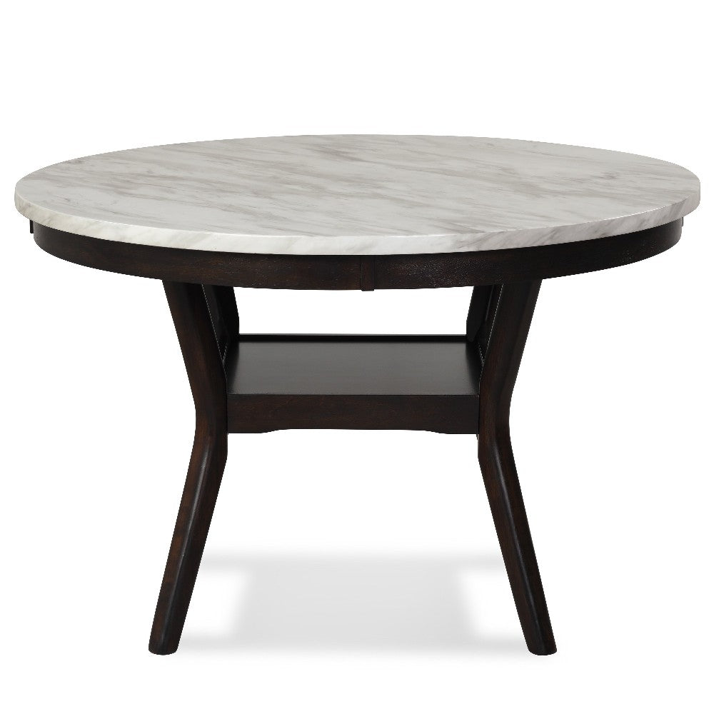 Benjara Kate 47 Inch Round Dining Table with Faux Marble Top, White And Brown