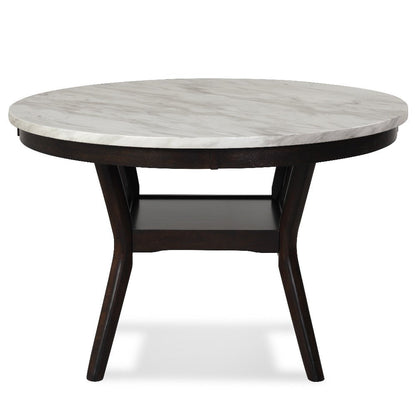 Benjara Kate 47 Inch Round Dining Table with Faux Marble Top, White And Brown
