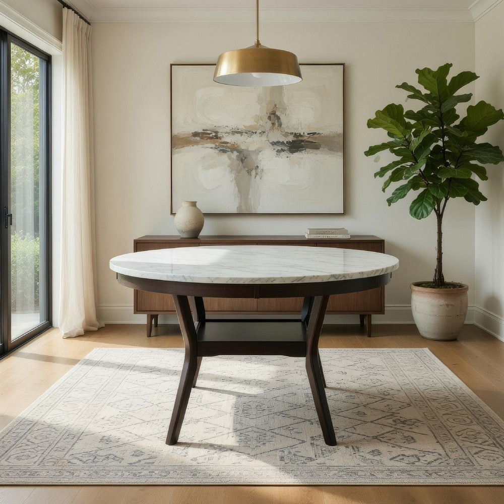 Benjara Kate 47 Inch Round Dining Table with Faux Marble Top, White And Brown