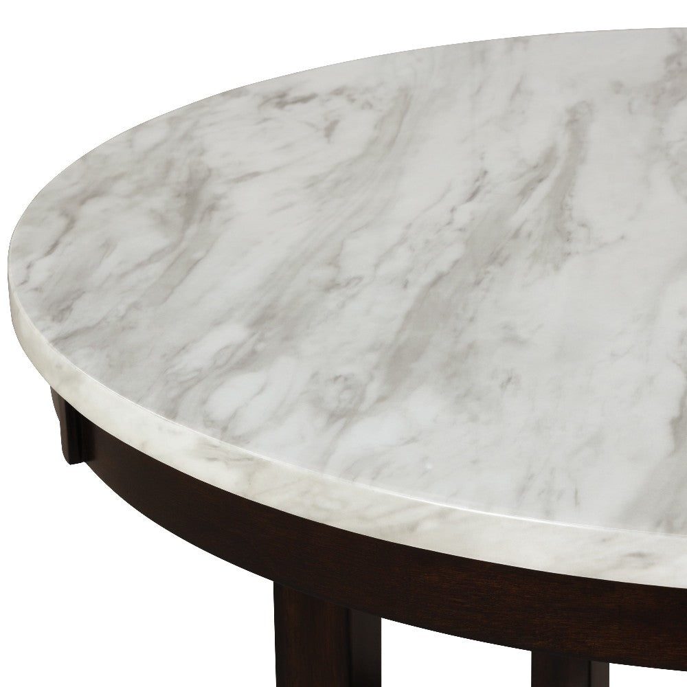 Benjara Kate 47 Inch Round Dining Table with Faux Marble Top, White And Brown