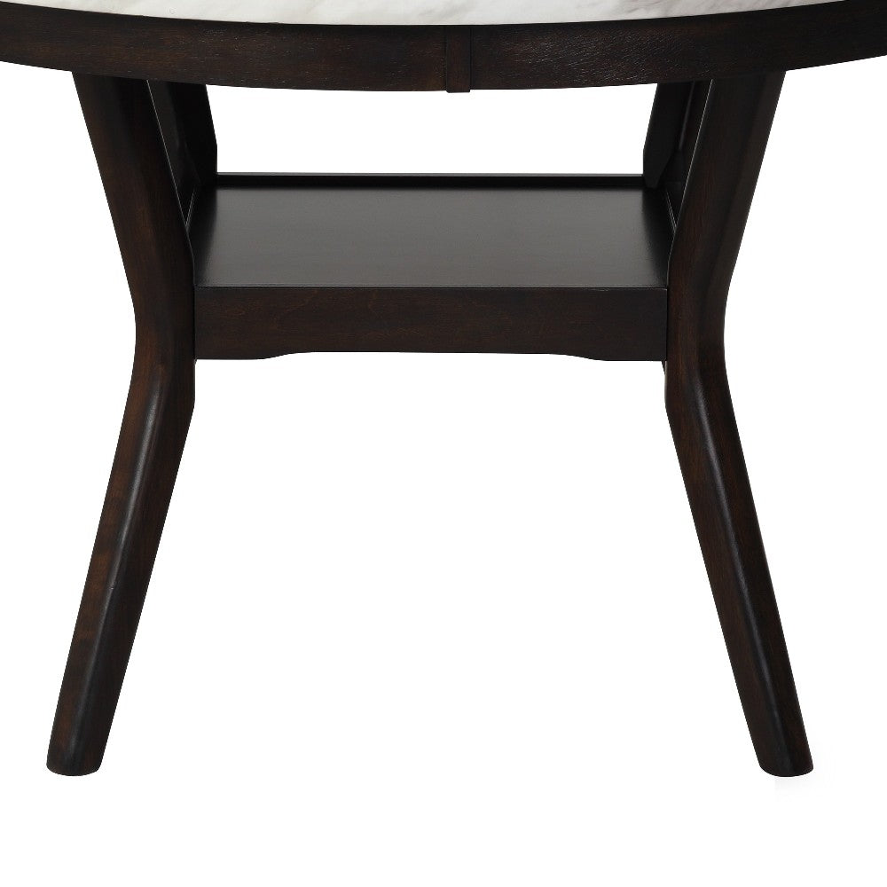 Benjara Kate 47 Inch Round Dining Table with Faux Marble Top, White And Brown